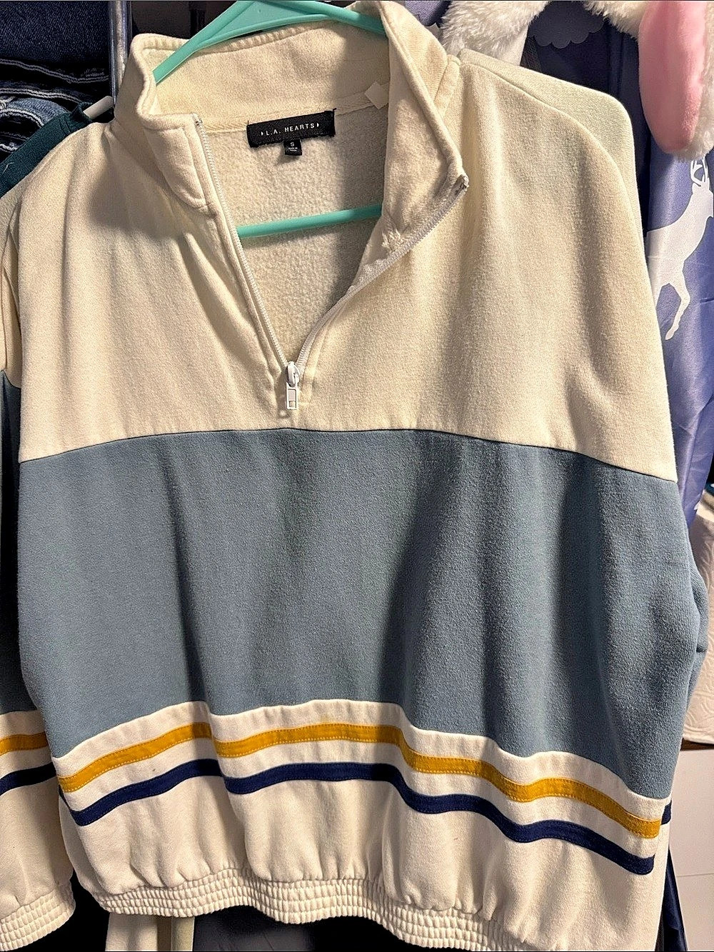 L.A. Hearts Color Block Quarter-Zip Pullover in Cream & Blue